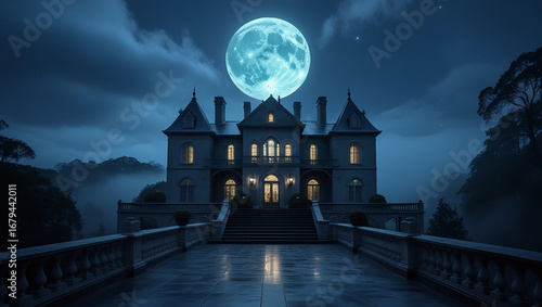 Spooky mansion under a large full moon at night house building