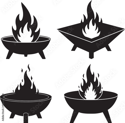 Four black silhouettes of fire pits with flames isolated on white background