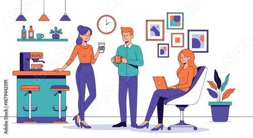 Flat illustration of colleagues talking and working in a modern office coffee corner with a laptop and espresso machine, showing teamwork, networking, and workplace collaboration