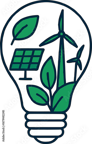 Eco-friendly energy concept inside a light bulb with solar panel and wind turbines symbols..
