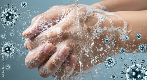 Washing hands with soap and water to prevent the spread of viruses and bacteria