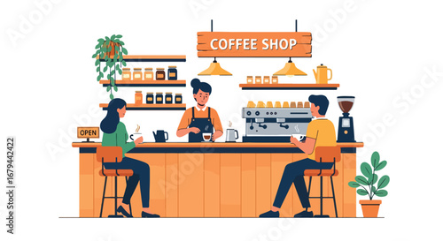 flat style vector illustration of people drinking coffee at a modern coffee shop counter with a barista preparing drinks, highlighting social interaction, lifestyle, and cozy café atmosphere