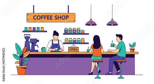 flat style vector illustration of people drinking coffee at a modern coffee shop counter with a barista preparing drinks, highlighting social interaction, lifestyle, and cozy café atmosphere