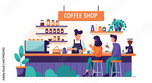 flat style vector illustration of people drinking coffee at a modern coffee shop counter with a barista preparing drinks, highlighting social interaction, lifestyle, and cozy café atmosphere