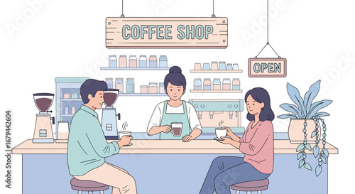 flat style vector illustration of people drinking coffee at a modern coffee shop counter with a barista preparing drinks, highlighting social interaction, lifestyle, and cozy café atmosphere