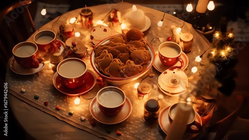 A cozy table setting with hot drinks and cookies illuminated by warm lights