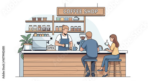 flat style vector illustration of people drinking coffee at a modern coffee shop counter with a barista preparing drinks, highlighting social interaction, lifestyle, and cozy café atmosphere