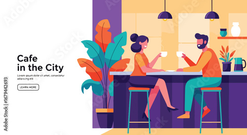 Landing Page Vector art of a couple enjoying coffee together in a modern city café, highlighting relaxation, conversation, and lifestyle in a cozy urban coffee shop setting
