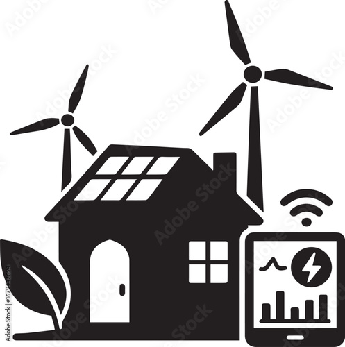 Eco-friendly smart home with solar panels and wind turbines powered by renewable energy technology