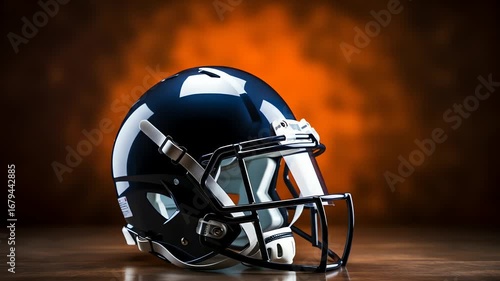 A dark blue football helmet with a white face mask on a wooden surface
