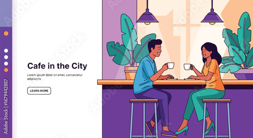 Landing Page Vector art of a couple enjoying coffee together in a modern city café, highlighting relaxation, conversation, and lifestyle in a cozy urban coffee shop setting