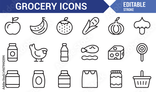 Collection of diverse grocery and food related icons