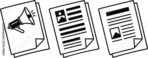Illustrated Stack of Papers with Megaphone Icon and Text Elements Communication and Information Distribution Concept