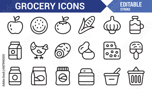 Modern grocery store icons for shopping and food commerce