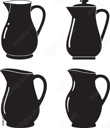 Four black pitcher silhouettes isolated on white background