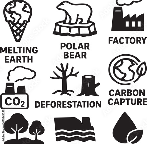 Environmental issues icons melting earth polar bear deforestation carbon capture and industry for sustainability awareness