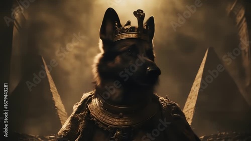 A dog wearing a golden crown and collar in front of pyramids