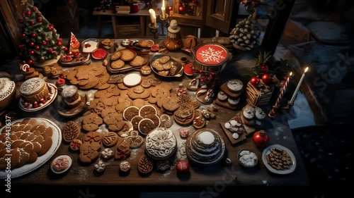 A festive assortment of gingerbread cookies and Christmas decorations