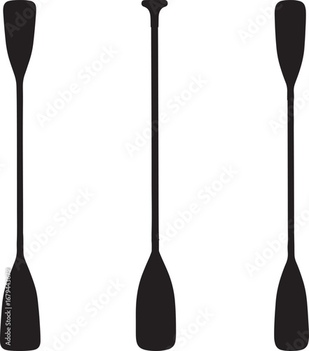 Three black canoe paddles and stand up paddleboard paddle silhouette isolated on white background