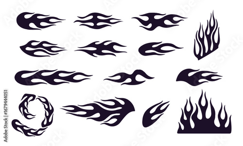 Flame decal. Fire abstract black silhouette flames for race car or tattoo. Tribal flame hotrod car vinyl decals and motorcycle airbrush stencil. Burning element vector illustration eps file.