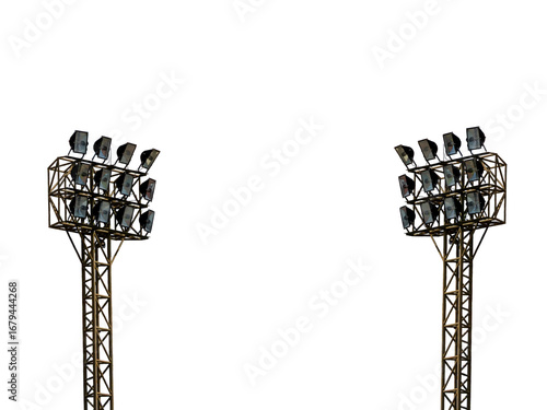 Large spotlights used in sports stadiums on a white background.
