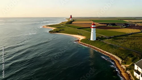 Coastal landscape showcasing two lighthouses standing guard over a tranquil sea and farmland.