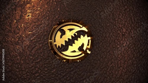 Gilded abrasion emblem depicting large carnivorous animal on dark oxidized abstract backdrop