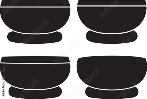 Four black buddhist singing bowls silhouette isolated on white background