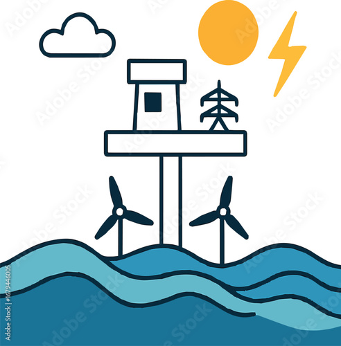 Offshore tidal energy farm with wind turbines and sun powering clean electricity generation