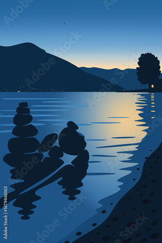 Tramonto al lago con statua di pietre