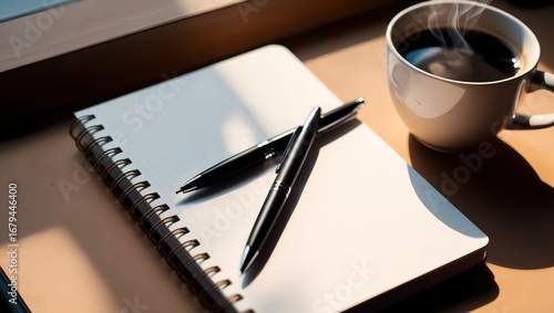 Sunlit workspace with a blank notebook, pens, and a warm cup of coffee for a productive morning