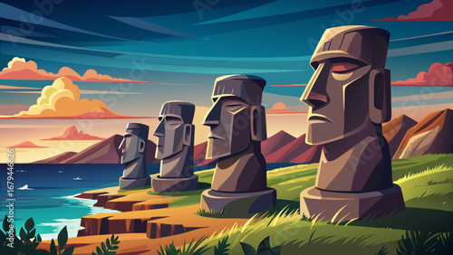 Rapa Nui, Chile: moai aligned on ocean-facing ahu, grassy embankments, deep Pacific horizon. Low raking light, volcanic earth; semi-realistic flat vector with sculptural silhouettes and contemplative 