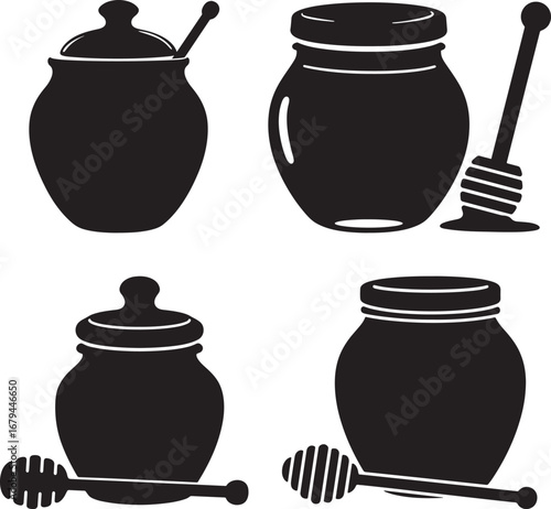 Four black honey pot silhouettes with honey dippers isolated on white background