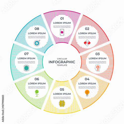 Infographic circle with 8 steps, parts. Vector cycle diagram or round chart that can be used for report, business analytics, data visualization, corporate presentation, educational content.