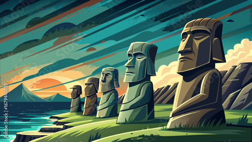 Rapa Nui, Chile: moai aligned on ocean-facing ahu, grassy embankments, deep Pacific horizon. Low raking light, volcanic earth; semi-realistic flat vector with sculptural silhouettes and contemplative 