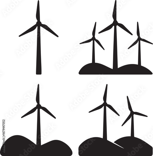 Silhouette of wind turbines generating renewable energy on hillsides for sustainable power