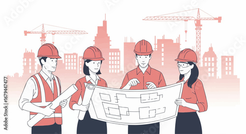 An illustration of a team of engineers and architects reviewing blueprints at a construction site with a city skyline.