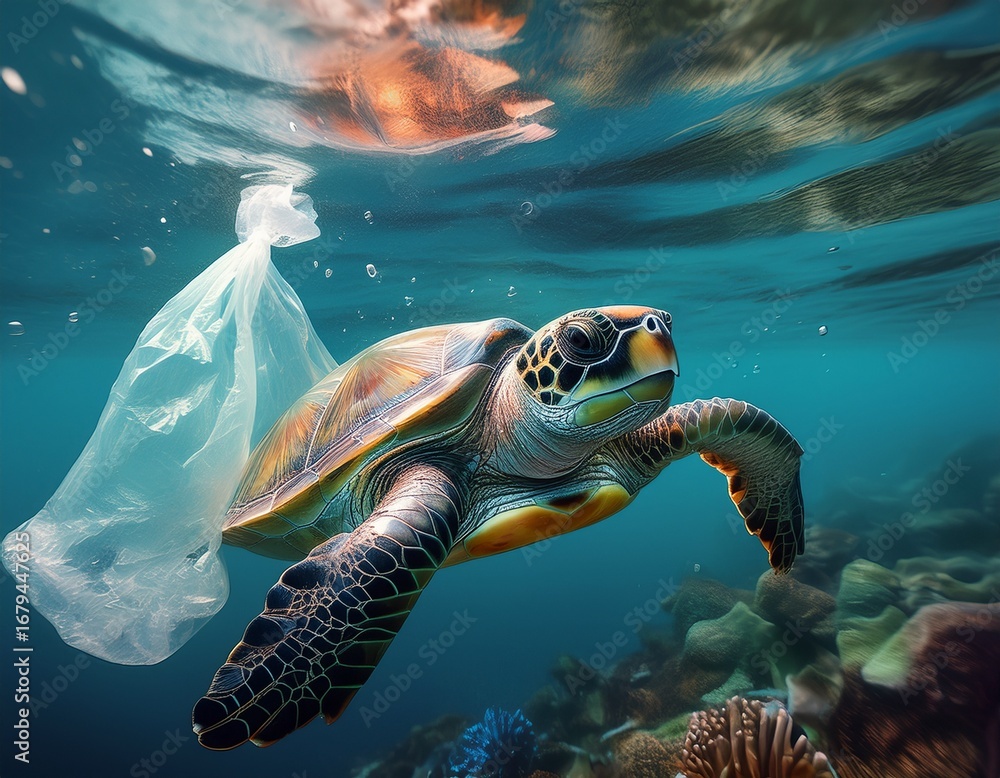 Fototapeta premium turtle swims near a plastic bag plastic pollution in ocean fighting for a clean ocean concept generative ai