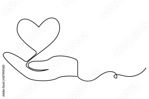 One continuous line drawing of hand holding heart minimal outline vector illustration for charity love and support concept

