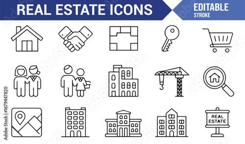 Modern real estate icon set with geometric shapes and vibrant colors