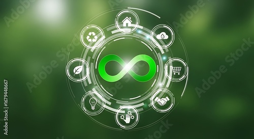 Circular economy concept with infinity symbol and sustainability icons