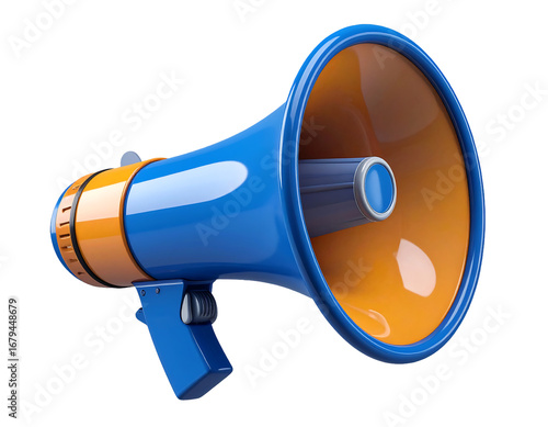 Realistic 3D Rendered Blue and Orange Megaphone Communication Tool