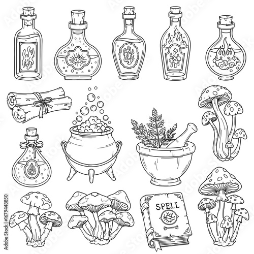 Mystical potion and spell vector illustration, Magical alchemy and witchcraft collection, fantasy wizardry objects for sticker, coloring book, and print.
