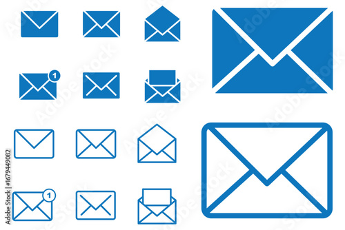 Set of mail envelope icon in linear style. Closed envelope, opened letter, with checkmark and email. Editable stroke. E-mail icon, sign of an incoming unopened message. Vector illustration