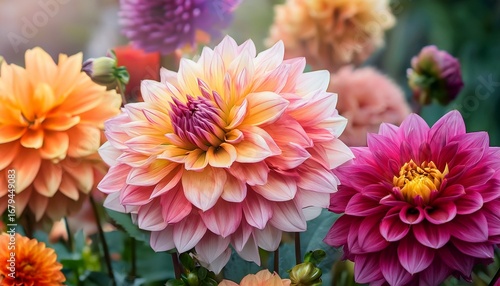 colorful dahlia flowers in a garden