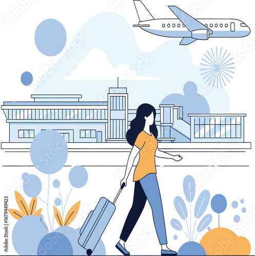 Vector, illustration, airplane passengers at the airport, transportation, poster, background