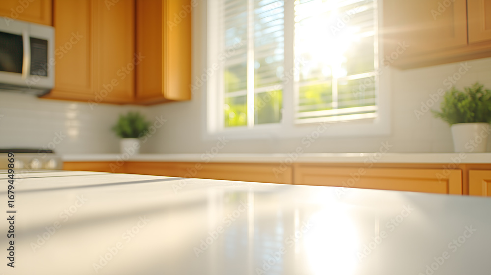 Fototapeta premium Modern kitchen interior with sunlight shining through window onto countertop