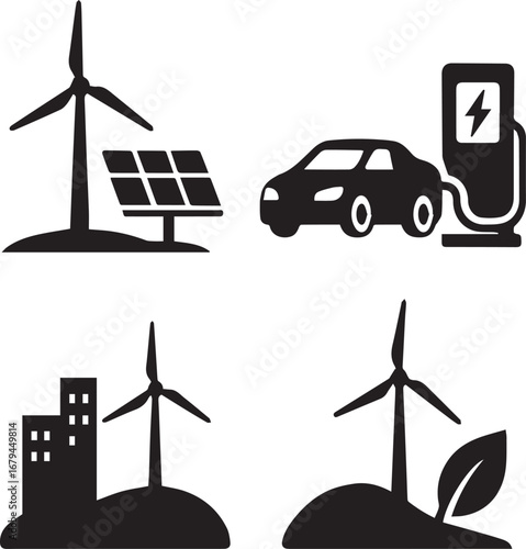 Sustainable energy icons representing green technology solar wind power electric car and eco city