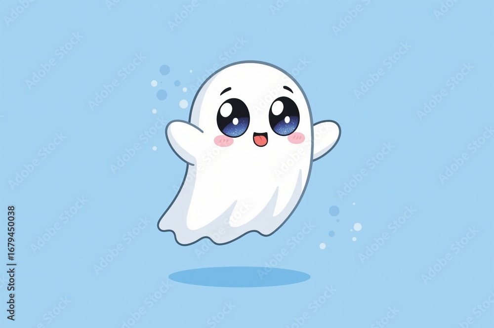 Fototapeta premium Cute ghost floats, pastel background, Halloween