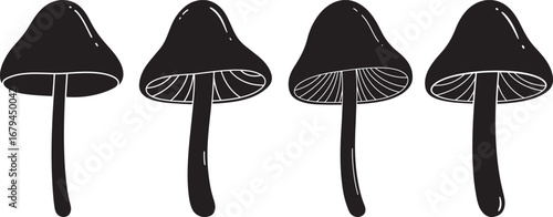 Four dark mushroom silhouettes arranged in a row isolated on white background